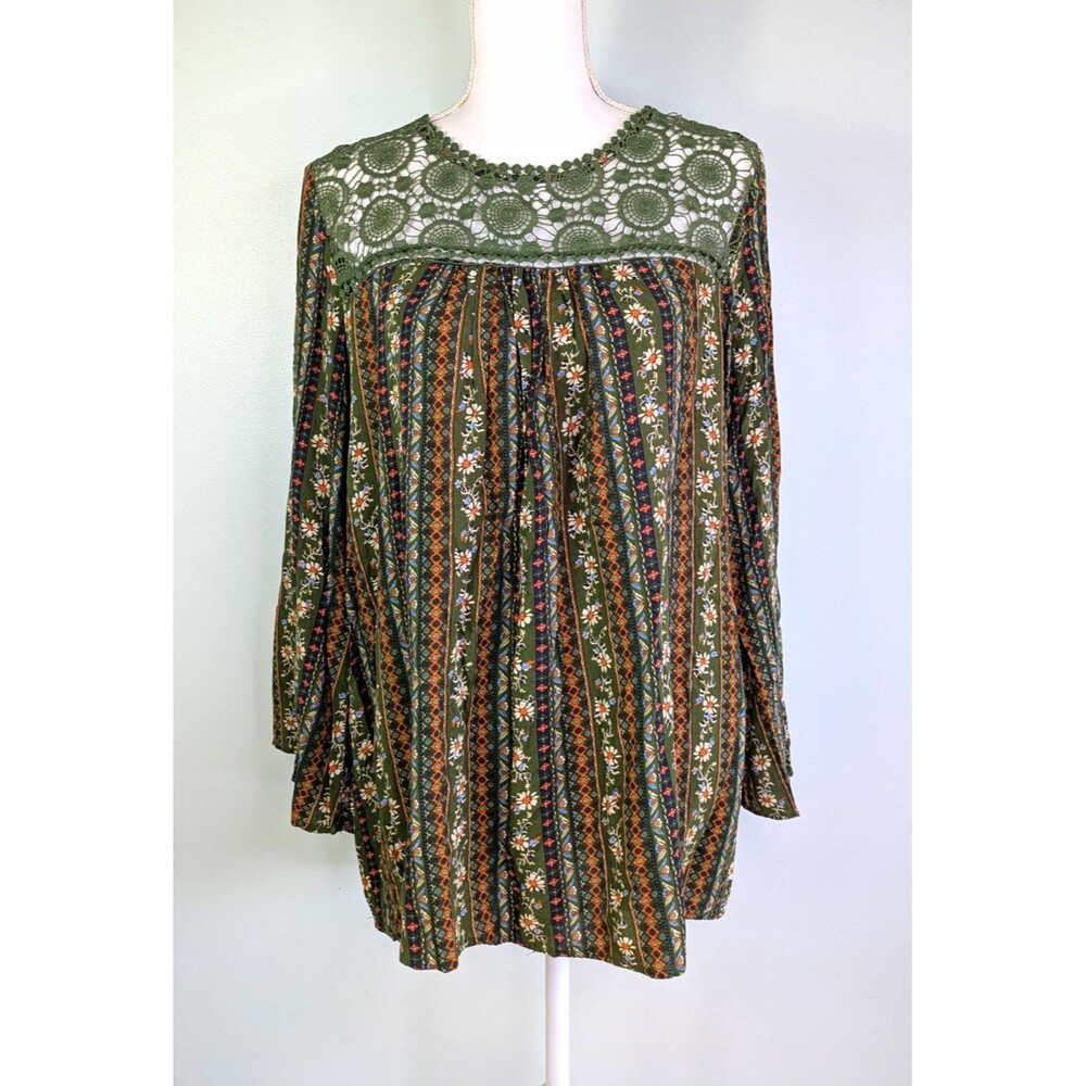 Suzanne Betro XL Green Floral Crochet Lace Top Boho Cottagecore Peasant Blouse